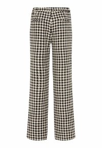 Zwart-wit houndstooth patroon brede pijpenbroek met een elastische tailleband en twee achterzakken, gemaakt van een gestructureerde stof.