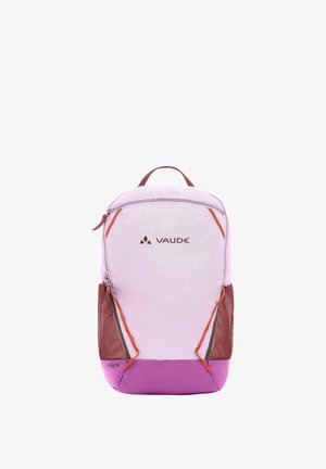 Sac à dos Vaude compact rose et violet avec fermeture éclair frontale, poches latérales en filet et poignée de transport supérieure, conçu pour une utilisation en extérieur ou décontractée.