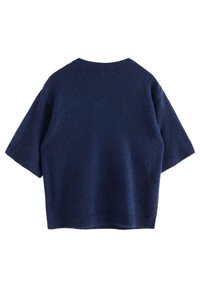 Sweter z krótkim rękawem, luźny, w ciemnoniebieskim, dzianinowym materiale o miękkiej fakturze, z okrągłym dekoltem i prostym wykończeniem dołu.