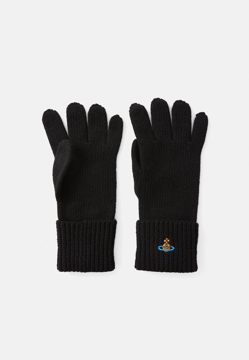 Guantes de punto negros con puños acanalados. Presentan un diseño bordado de un faro sobre una base circular azul. Material suave y texturizado.