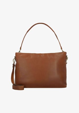 Bruine leren handtas met een enkele handgreep aan de bovenkant en een afneembare schouderband. Glad oppervlak en minimalistisch ontwerp, met een ritsluiting.