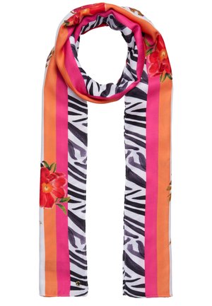 Écharpe à rayures zébrées, bordée de rayures orange et rose, avec des accents floraux rouges sur un fond blanc.