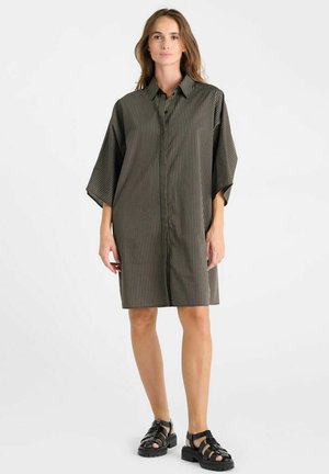 Gestreepte, kortebloemige jurk in donkergroen en zwart, met een knoopsluiting aan de voorkant en een relaxte pasvorm. G gedragen met zwarte sandaaltjes met bandjes.