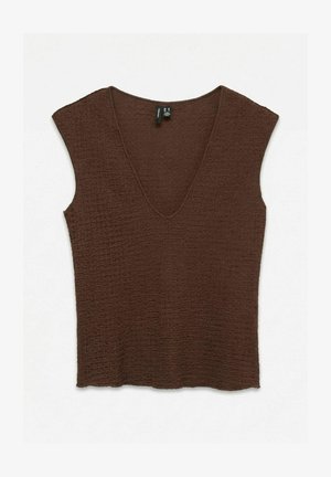 Bruine gestructureerde mouwloze top met diepe V-hals, lichtjes cropped zoom en zachte stof, plat afgebeeld tegen een witte achtergrond.