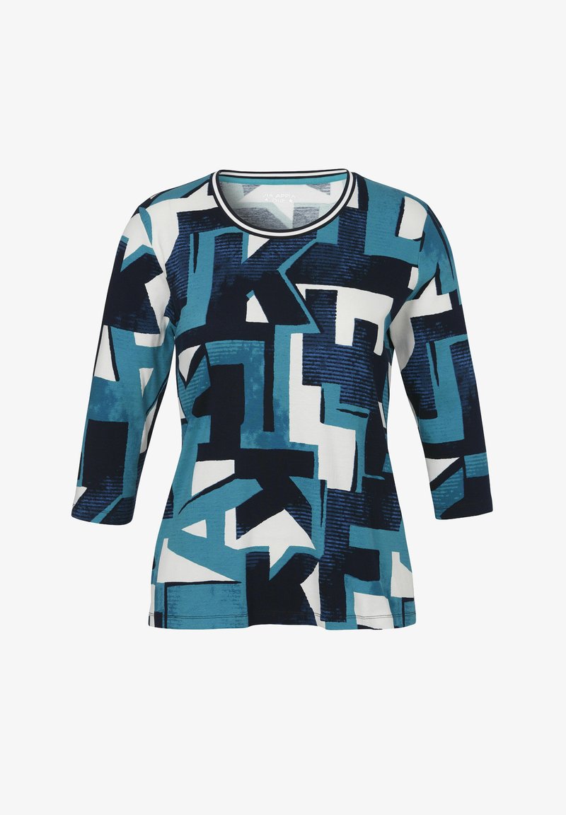 Blauw-witte longsleeve shirt met geometrische patronen, voorzien van een ronde halslijn en een zachte stofstructuur.