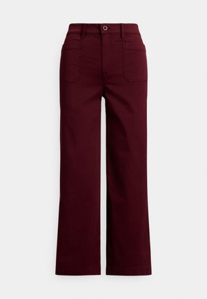 Vínové nohavice so širokými nohavicami vyrobené z bavlny. Majú vysoký pás, zapínanie na gombíky vpredu a dve zadné vrecká. Hladká textúra.