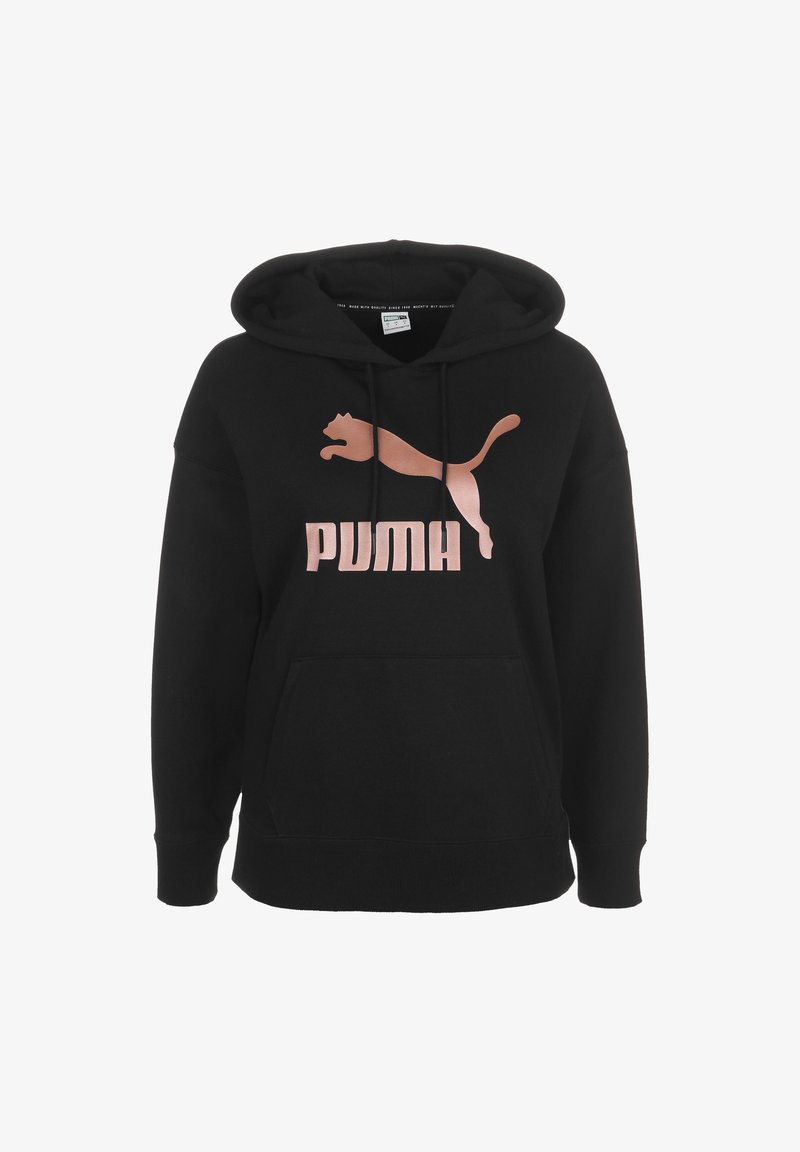 Sweat à capuche noir avec poche avant et logo Puma couleur or rose ainsi que texte sur la poitrine.