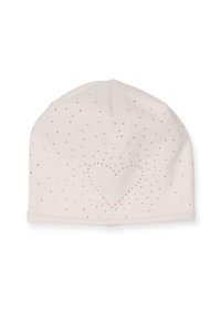 Berretto rosa pallido con una texture morbida, decorato con piccoli borchie color oro rosa disposte a forma di cuore al centro.