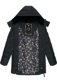 Puffer jacket in dark gray, featuring a floral patterned interior lining in dark and pastel colors, and a faux fur trim on the hood.