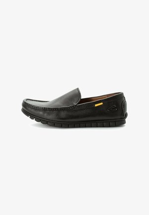 Black leather loafers with a smooth finish, elastic side accents, and a textured rubber sole featuring defined tread for grip.