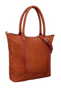 Bolso tote de cuero marrón con asas dobles y una correa de hombro ajustable, con cierre de cremallera y logo sutil de la marca.