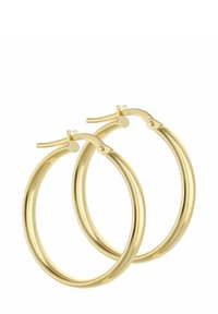 Złote kolczyki na biglu o gładkim, zaokrąglonym kształcie, wyposażone w bezpieczne zapięcie i błyszczące wykończenie.