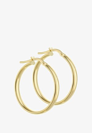 Zlaté kruhové náušnice s hladkým, zaobleným dizajnom, vybavené bezpečným pántovým uzatváraním a lesklým povrchom.