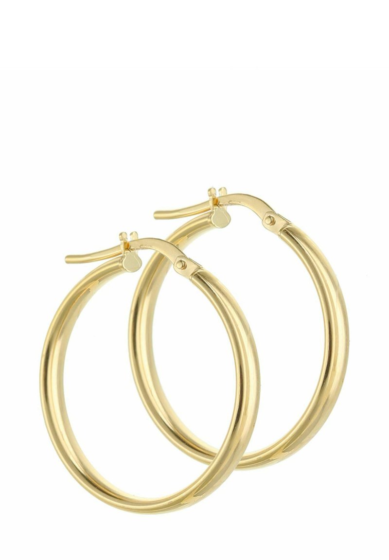 Złote kolczyki na biglu o gładkim, zaokrąglonym kształcie, wyposażone w bezpieczne zapięcie i błyszczące wykończenie.