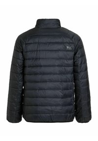 Juodas pūkuotas šalikas su aukštu apykakle, quilted raštu ir logotipu kairiajame petyje. Pagamintas iš blizgaus sintetinės medžiagos.