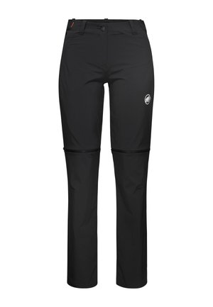 Pantalon d'extérieur noir avec jambes zippées amovibles, passants pour ceinture, fermeture par bouton, et petit logo sur la cuisse droite.