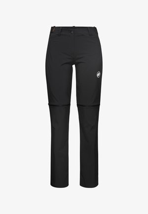 Pantalon d'extérieur noir avec jambes zippées amovibles, passants pour ceinture, fermeture par bouton, et petit logo sur la cuisse droite.