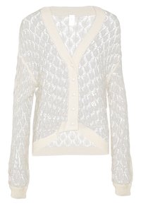 Lehký krémový kardigan s diamantovým vzorem, výstřihem do V a knoflíky podobnými perlám. Hlavní strukturu a texturu dodávají žebrované manžety a lem.