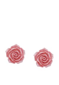 Orecchini a forma di rosa invece di un materiale lucido con dettagli intricati dei petali. Presentano una texture liscia e dimensioni ridotte.