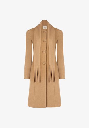 Camel-Wollmantel mit geradem Schnitt, fünf großen Knöpfen und einem fransigen Schal-Design. Glatte Textur mit maßgeschneiderten Details.
