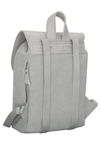 Harmaa kangaskassi, jossa on sileä nahkapeite, suorat hihnat ja sivuzipper-tasku. Kassi on muodoltaan rakenteellinen suorakulmainen.