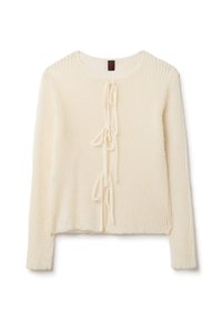 Cremfarbener Pullover mit einem strukturierten Rippmuster, verfügt über einen runden Halsausschnitt und vordere Bänder zum Verschließen. Lange Ärmel, kurz geschnitten.