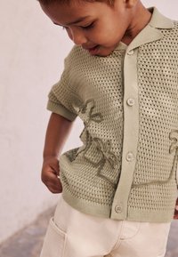 Lichtgroene, gebreide cardigan met korte mouwen, voorzien van een gestructureerd patroon en borduursel van een palmboom. Heeft een reverskraag en beige knopen.