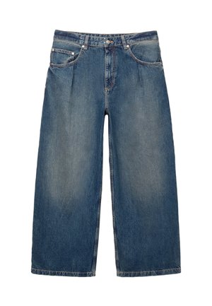 Wide-leg blue jeans made of denim, featuring a mid-rise waist, five pockets, and distinct fading along the thighs and knees.