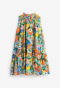 Blumenkleid mit einem Muster aus Orangen, Zitronen und Blumen. Hergestellt aus leichtem Stoff, mit einem gerafften Ausschnitt und gestuftem Saum.