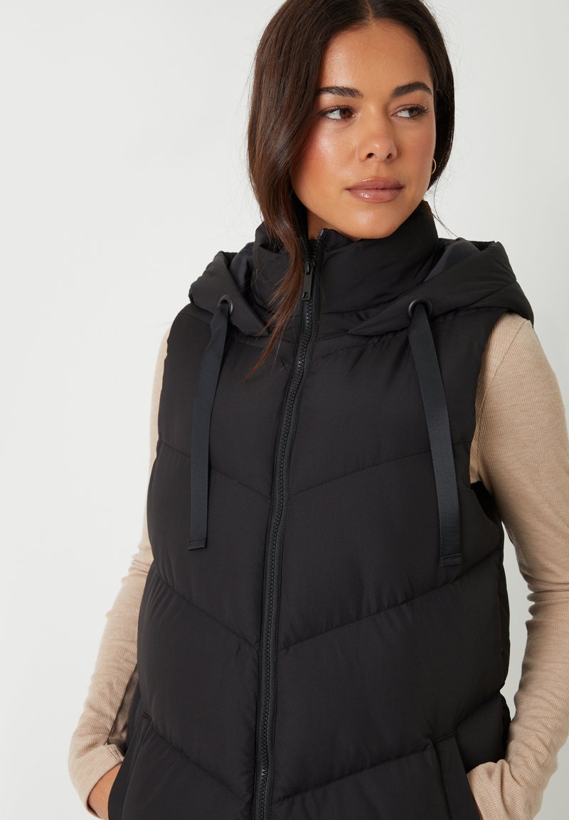 Gilet matelassé à capuche pour femme avec fermeture éclair - Sans manches - Chaud et rembourré, Noir