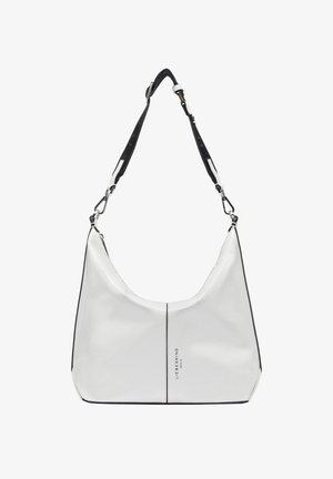 Weiße Leder-Schultertasche mit glatter Textur, schwarzen Akzenten und metallischen Beschlägen. Sie verfügt über eine zentrale Naht und einen verstellbaren Riemen.