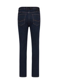 Dark blue denim jeans with a straight cut, featuring a classic five-pocket design and contrasting stitching on the back pockets.
