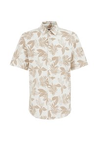 Short-sleeve button-up shirt in light beige with a leaf pattern. Fabric has a textured finish, featuring a classic collar and front buttons.