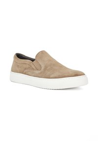 Brown suede slip-on shoes with a white rubber sole. Features a rounded toe and minimal stitching accents on the sides.