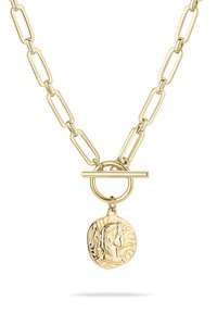 Guldkæde med forlængede led og en toggle-lås, prydet med en rund medaljon med et præget profil-design.
