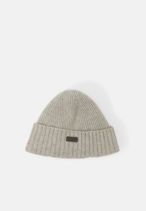 Gray knit beanie with a ribbed texture, folded brim, and a small brown leather tag detailing on the side.