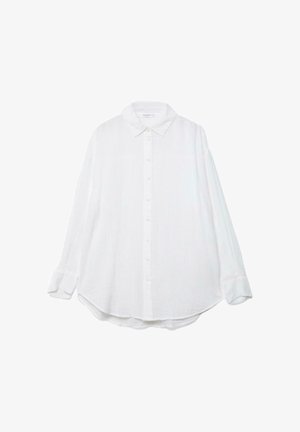 Chemise boutonnée blanche à manches longues avec col et ourlet arrondi, présentée à plat sur un fond blanc.