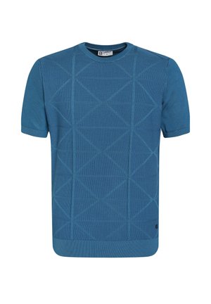 T-shirt en tricot bleu à manches courtes avec un motif géométrique texturé et un col rond, présentant un ourlet droit et un branding minimal.