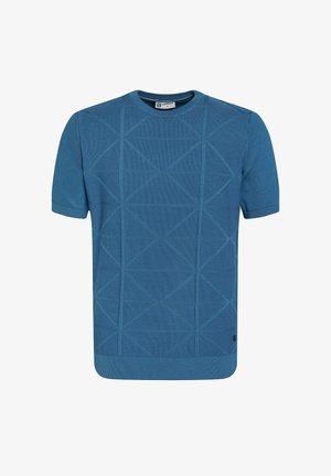 Blauwe tricot t-shirt met korte mouwen, voorzien van een gestructureerd geometrisch patroon en een ronde halslijn. Het shirt heeft een rechte zoom en minimale branding.