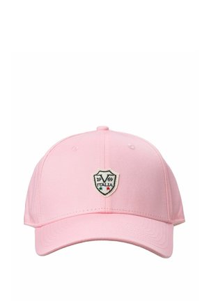 Rosa Baseballkappe aus Baumwolle mit einem runden Logo-Patch mit "1969 ITALIA" und farbigen Akzenten in Grün und Rot. Glatte Textur.