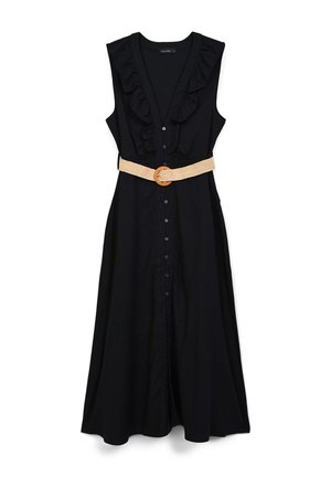 Schwarzes ärmelloses Kleid mit Rüschensaum, Knopfleiste und einem angeschnallten geflochtenen Gürtel mit einer runden Schnalle für eine figurbetonte Silhouette.