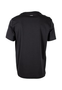 Schwarzes Baumwoll-T-Shirt mit kurzen Ärmeln, Rundhalsausschnitt und einem dezenten Etikett auf der Rückseite, mit glatter Textur und lockerer Passform.