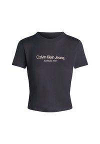 Camiseta de algodón azul marino de manga corta con cuello redondo. Presenta un texto en blanco: "Calvin Klein Jeans Establecido 1978" en la parte frontal.