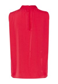 Blusa senza maniche rossa con colletto alto e due bottoni sul retro, caratterizzata da una texture liscia e un taglio dritto per una vestibilità comoda.