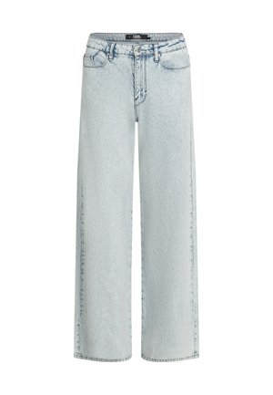 Hellblaue Weitbeinhosen aus Denim mit einem verwaschenen Finish, mit Vordertaschen und einem Knopfverschluss.