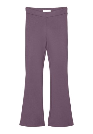 Pantalon en maille violet évasé avec une large ceinture et sans fermetures visibles, présenté à plat sur fond blanc.