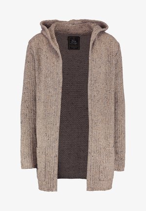 Strikket cardigan i beige med struktureret overflade, åben front, hætte og to frontlommer. Har en afslappet og løs pasform.