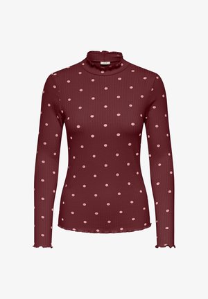 Bordeauxrood shirt met lange mouwen en een col, met een geribbelde textuur en lichtroze stippen. De zoom en mouwen zijn afgewerkt met een gerimpelde rand.