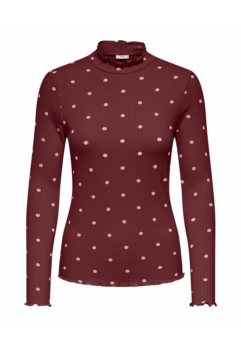 Bordeauxrood shirt met lange mouwen en een col, met een geribbelde textuur en lichtroze stippen. De zoom en mouwen zijn afgewerkt met een gerimpelde rand.