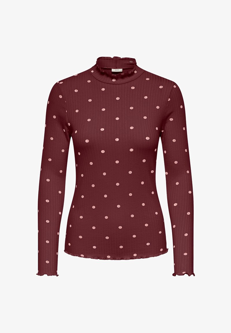 Bordowy top z długim rękawem i półgolfem, wykonany z prążkowanej tkaniny z jasnoróżowymi groszkami. Dół i rękawy mają falbankę.